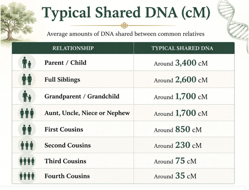 Typical DNA matches in cMs